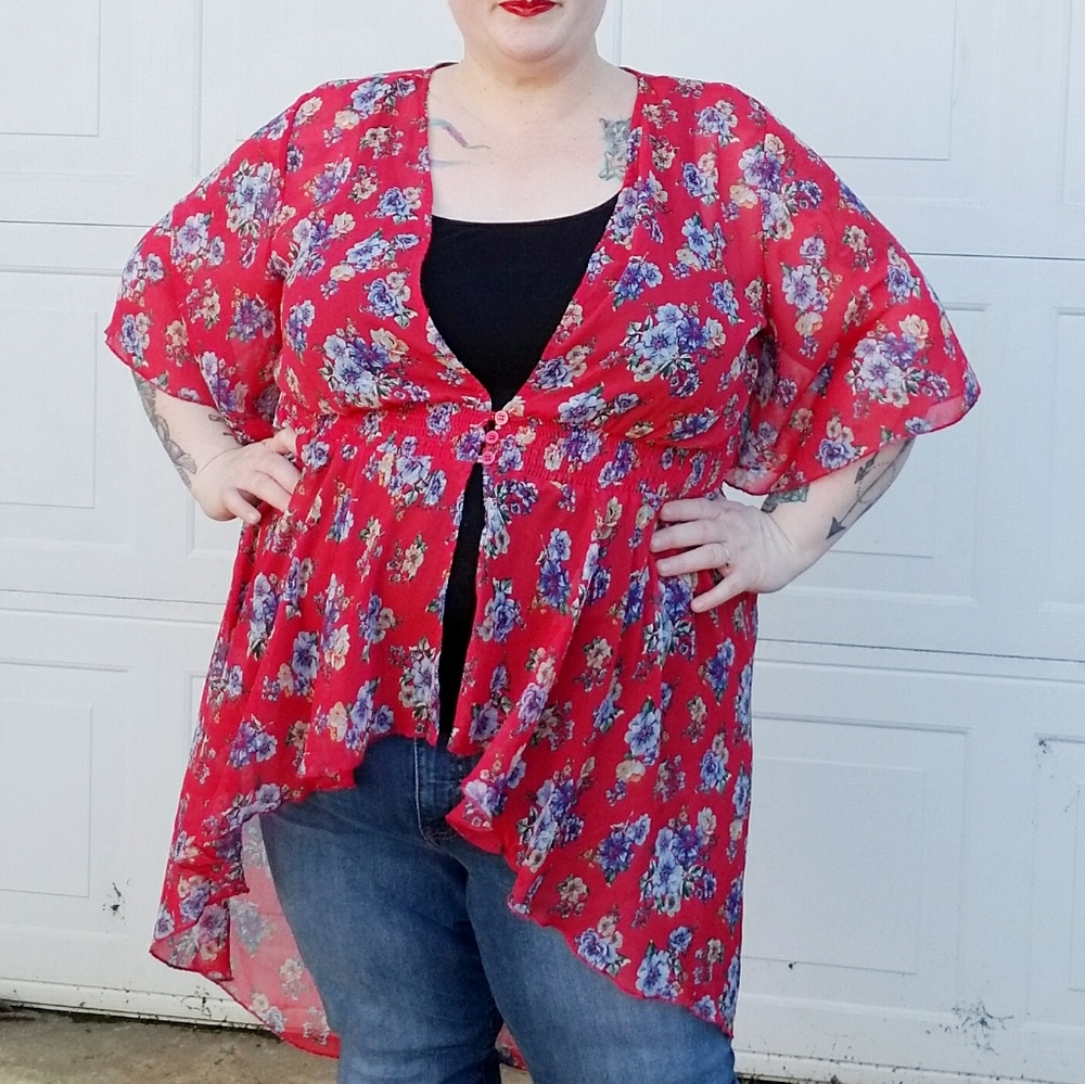 Charlotte Russe sheer red floral high low top